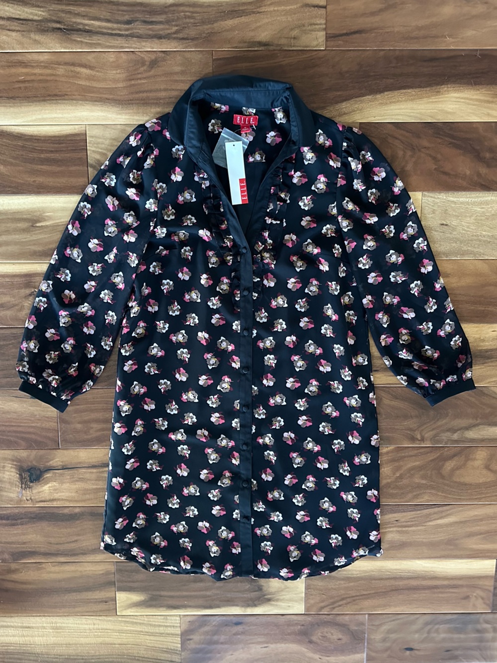 Elle Black Floral Shirt Dress size Medium